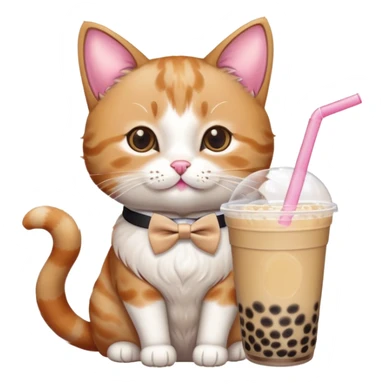 A cat with a bow tie on one ear with bubble tea sticker