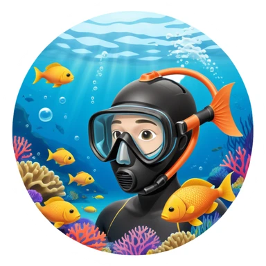 An icon featuring a close-up of a freediving mask and snorkel, with a breath-holding diver's fins, set against a vibrant underwater world. The design includes coral reefs, fish, and bubbles, symbolizing the serene beauty and thrill of freediving. Transparent background highlights the calm sticker
