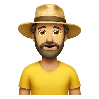 european man with a brown beard wearing a straw hat and a yellow t-shirt sticker