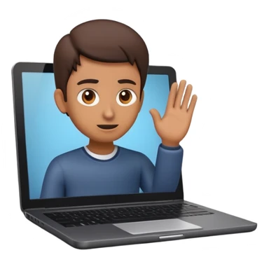 A dark-colored laptop with the screen open. From the screen, a person is emerging, giving a lecture or teaching. The person should look expressive and in a teaching pose. Soft shadows, semi-3D emoji style, clean background. sticker