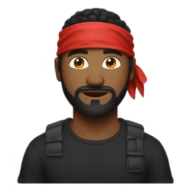 A man in a black T-shirt and a red bandana sticker