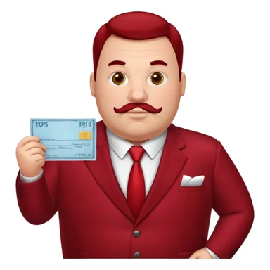 big fat guy bold head in dark red velvet suit holding cheque sticker