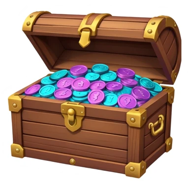 wooden brown treasure chest filled with  coins 
Change coins color in in gradient of turquoise, blue, pink, purple, and coral sticker