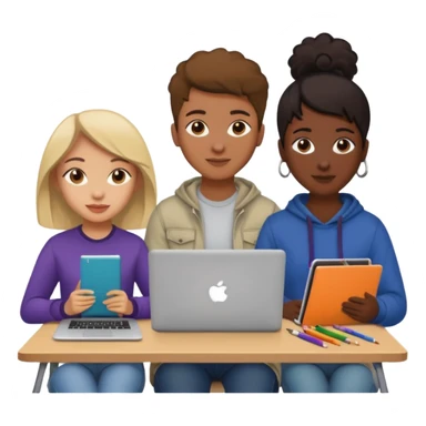 three diverse design students working on creative project with art supplies and laptops sticker