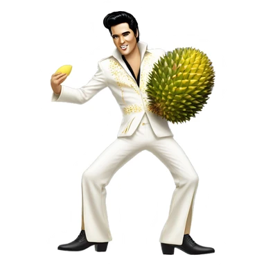 Elvis Presley wearing a white and gold jumpsuit with black shoes in a dancing pose, A hand holding a large durian sticker