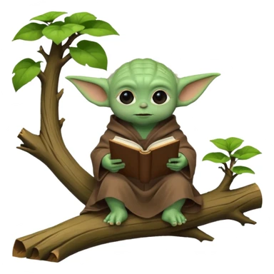 Baby Yoda con su tunica chocolate leyendo en un bosque sentado en una rama caida de un arbol sticker