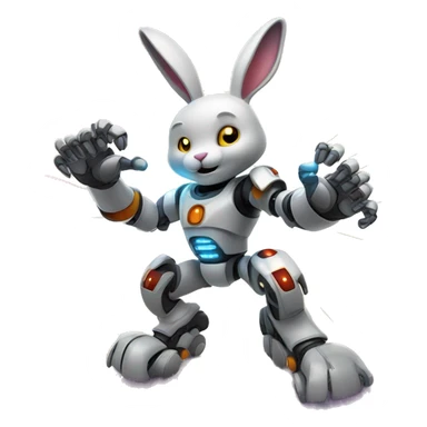 The robot rabbit surrounded by glowing effects or energy lines, with its fist in the air as if powering up. sticker
