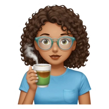 White girl with dark brown curly hair, brown eyes, sky blue glasses, nose ring, green t shirt, drinking coffee from a glass cup sticker