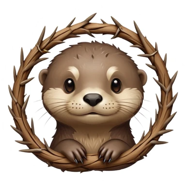 cute otter portrait with thin horizontal thorny branch circling only the forehead, exactly like Jesus Christ's Crown of thorns, no crown shape on top, no metal, just a single wooden thorny stem wrapped horizontally sticker