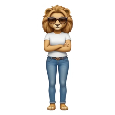 friendly anthropomorphised female lion character, full body, standing confidently with legs shoulder width apart and arms folded, wearing jeans, a white t-shirt, and dark sunglasses, with a confident smile sticker