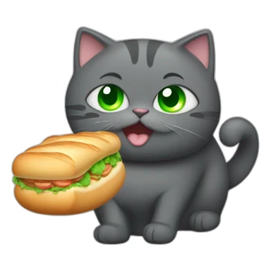 happy dark grey fat cat with green eyes and short tail eating a baguette sticker