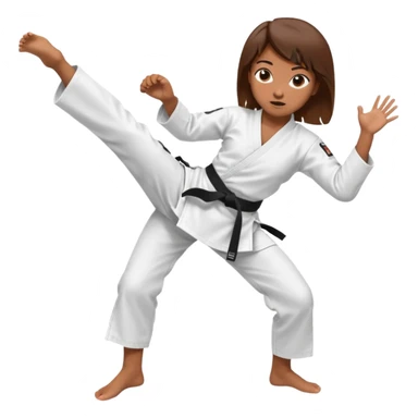 Ragazza castana che pratica karate, ha la cintura nera ed io tradizionale kimono bianco del karate, tira un calcio laterale  sticker
