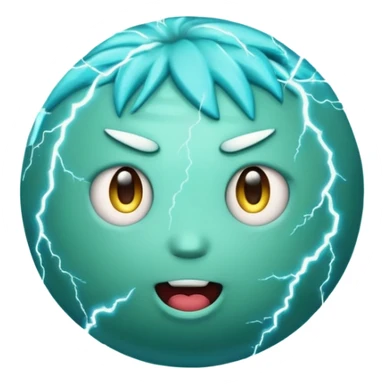 Uranus emoji in Apple style with a quirky face, blue-green planet, surrounded by lightning bolts, wild and chaotic expression, and rings sticker