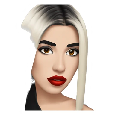 dua lipa with red lipstick, black straight medium long hair, heavy eyeliner sticker