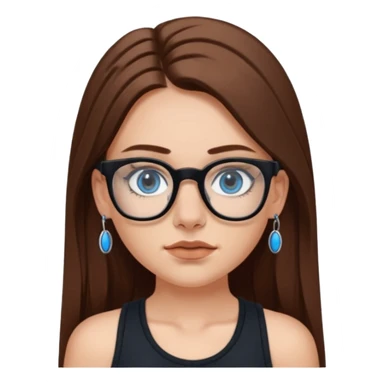 WHITE girl with long brown hair, part going more to the RIGHT side, BLUE eyes, wearing BLACK rectangle plastic frame glasses. SEPTUM nose piercing hoop (at bottom of nose) AND stud nose piercing on right side of nose. Wearing BLACK tank top. sticker