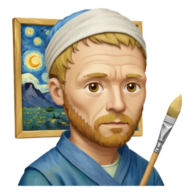 van gogh paints on a canvas. right ear is bandaged. sticker