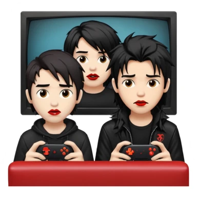 pale Goth boy with a bunch of face piercings, with shaggy dark brown hair, smudged red lipstick next to a Carmel  skin gamer boy with long black hair , they are watching tv together  sticker