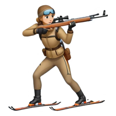 An icon showing a snowy landscape with pine trees, mountains and a clear sky with a biathlete aiming a rifle in the foreground, wearing winter gear and skis. Transparent background emphasizes the precision, endurance, and beauty of this winter sport. sticker