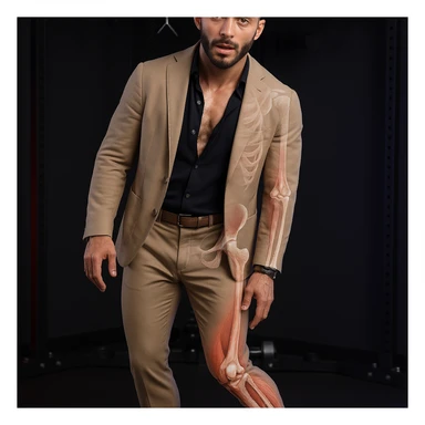 Realistic man standing in a gym, pose as in the reference, pelvis tilted, knee in valgus, and pronated foot. Visible skin and muscles, some translucent areas partially showing bones and joints involved (pelvis, knee, foot). Natural expression, clothing similar to the reference, hyperrealistic 4K details, gym environment. View slightly rotated by 30 degrees. Variant 4. sticker