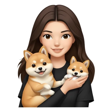 brunette Kendall Jenner with long hair holding on the hands a smile Shiba Inu wear on black shirt sticker