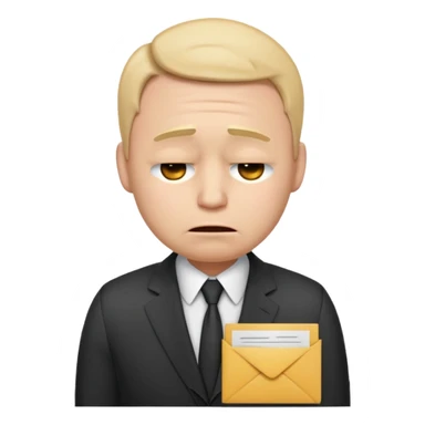 unisex emoji character wearing a suit. face has a very sad crying, disappointed expression with drooping eyebrows and half-closed eyes. posture is dejected, with slumped shoulders just rejected from his interview to get a job, holding cv. sticker