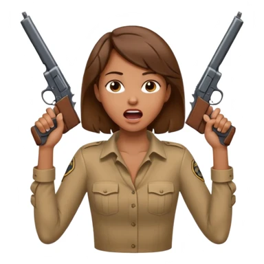 the woman emoji with brown hair and tan skin choking herself  with both hands around her neck with her mouth open and two arms from behind her holding a gun in each hand point directly at her head sticker