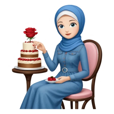 Turkish beautiful finish Konya girl blue eyes with denim hijab long tail dress and sits on the modernized white coffee house on a white chair and holds rose cake with her hand  sticker