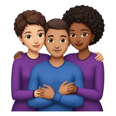 middle Eastern man with short brown hairwith two black african women both are African one is medium tone skin black and one is medium tone black with african hair styles. and they are all smiling and putting their arms around each other and kissing and hugging. sticker