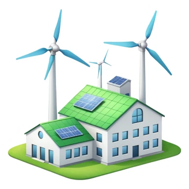 clean colorful factory with green roof and wind turbine sticker