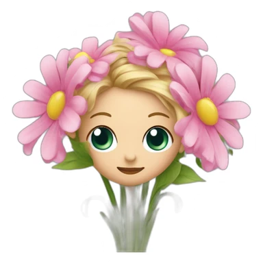 crée un emoji avec une tete de personnage avec des yeux festif et un énorme bouquet de fleur de mariage sticker
