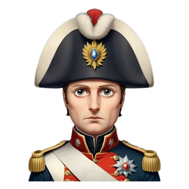 Cinematic Realistic Napoleon Bonaparte Portrait Emoji, depicted as a commanding military leader with a determined gaze and iconic bicorne hat, rendered with dramatic textures and bold historical lighting that captures his imperial legacy. sticker