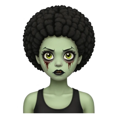 a female zombie with sage green skin, black afro hair, eyelashes and a black tank top sticker