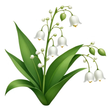 Botanically accurate lily of the valley with large oval basal leaves pointing upward, and a central stem with small white bell-shaped flowers hanging to one side sticker