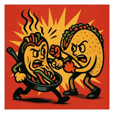 a sizzling fajita and a taco wrestling, comic style, bold outlines sticker