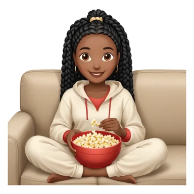 A dark-skinned Black woman with black box braids, holding a large bowl of popcorn in her lap, smiling, wearing comfy loungewear sitting on couch. sticker