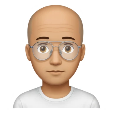 Light brown skinned Latino man with oval face, transparent aviator eyeglasses with thin metal frames, completely bald sides with extremely short dark curly hair only on crown, friendly neutral expression, casual black t-shirt sticker