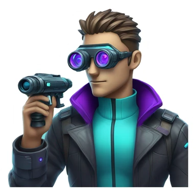Secret human agent with  cyberpunk elements with a spyglass scanning looking reviewing multicolor lines of code, cyan and purple colors, only upper body portrait sticker