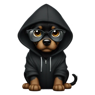 Black dog in black hoodie with oakley glass sticker