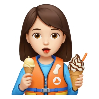 girl brunet kid wearing lifejacket, eating ice cream sticker