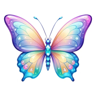 Transparent Shiny Glossy Pastel Gradient Hue Iridescent Crystal Butterfly with bright sparkles and sparkling glitter swirling around it sticker