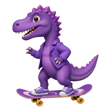 a purple dinosaur on a skateboard wearing a coat with sneakers in the bottom sticker