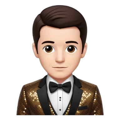Drake Bell with dark brown hair, brown sequin suit with bow tie sticker