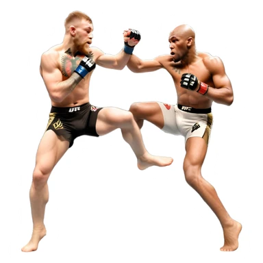 An MMA showdown between Conor McGregor and Anderson Silva in the octagon. McGregor is executing a powerful jumping strike, while Silva is expertly blocking the attack with his forearm. The background features the UFC octagon, fans in the distance, and dynamic action. Transparent background sticker