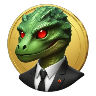 Reptilian with red laser eyes in black suite on the golden coin sticker