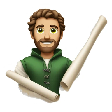 A light-skinned man with piercing green eyes, impeccably styled brown hair, and a confident demeanor holding the long white paper scroll sticker