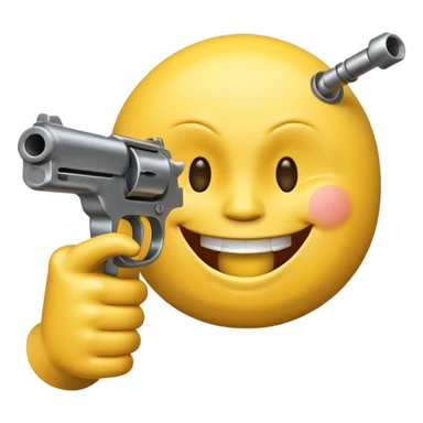 Yellow laughing face pointing gun at its own mount. The barrel of the gun is pointed towards the smile into the mouth. The back of the gun faces the viewer sticker