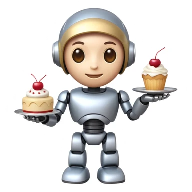 The cute robot is holding dessert in its hands, 3d emoji sticker