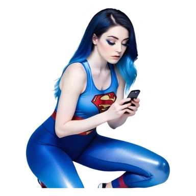 Very sad-Texting on phone-very very very large upper body-sexy face-bending forward at waist-very long very straight dark blue to light blue ombre hair-and-blue eyes-thick black eyeliner-thick long eyelashes-iridescent blue lowcut tanktop with black leggings with glitter superman logo sticker