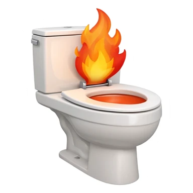 A smiling, happy white-colored toilet with fire coming from its bowl sticker