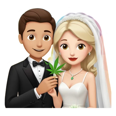 Bride in white dress and groom in tuxedo sharing a cannabis joint, cheerful cartoon wedding couple with vibrant colorful background sticker
